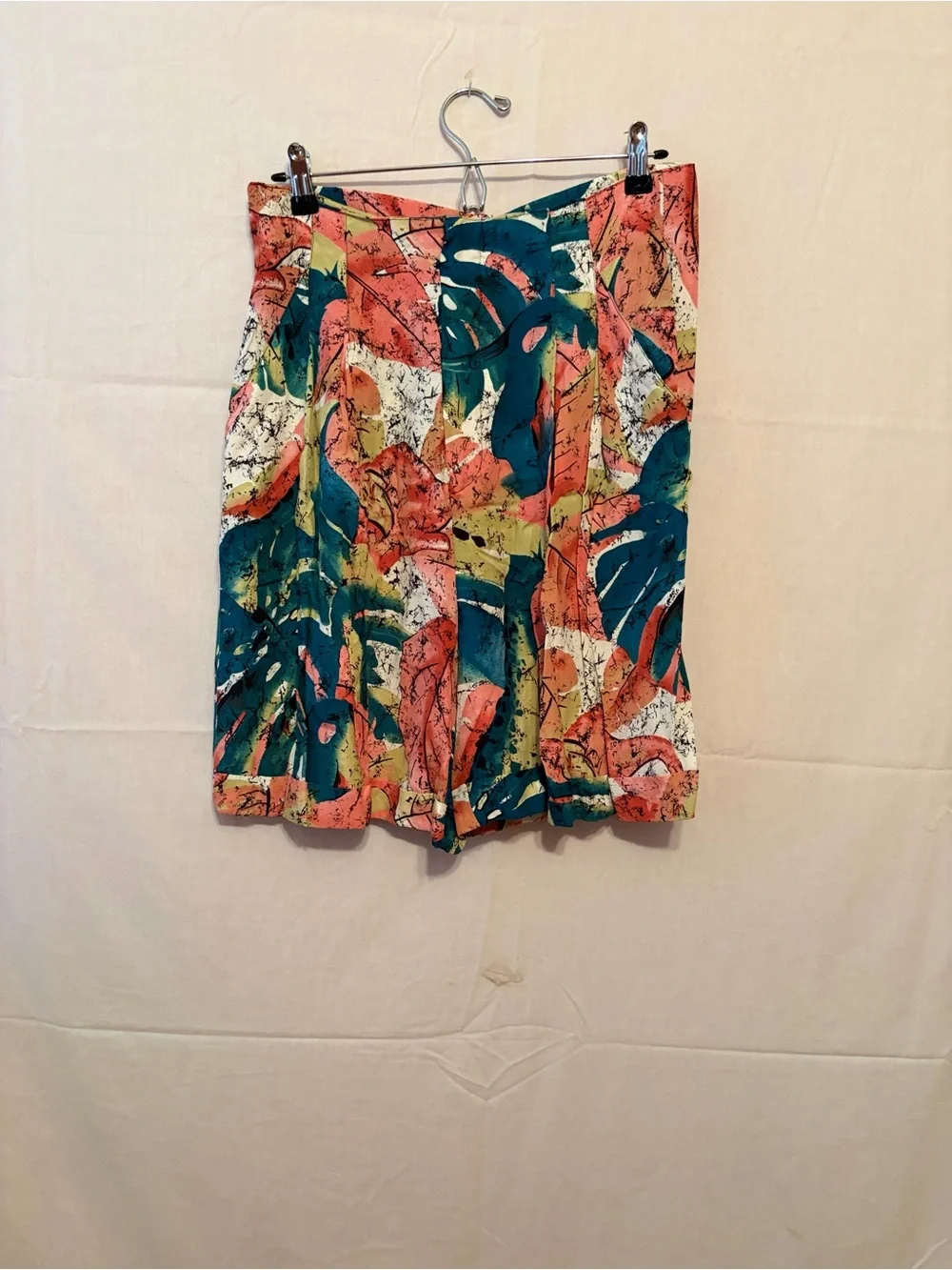 Tropical Print High-Waist Shorts - Coral, Teal, Yellow